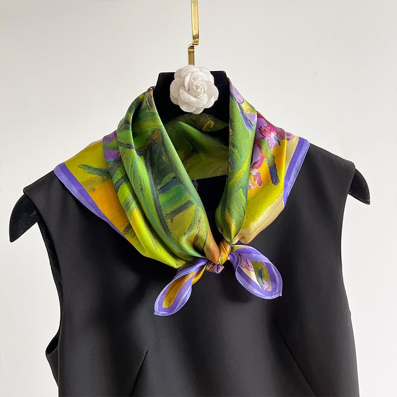 MEISEE 100% Pure Mulberry Silk Scarf 21" Square Scarf Neckerchief Headscarf Breathable Lightweight for Women Gift Packed - color: M3 Green+purple