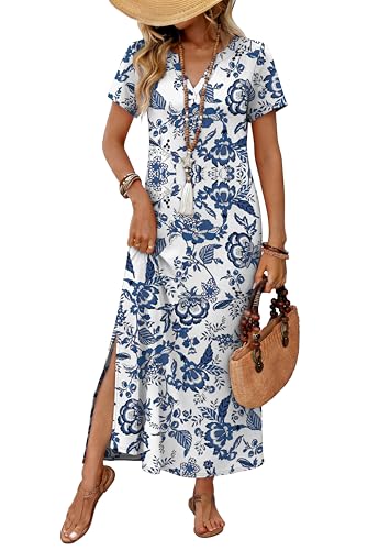 OFEEFAN Summer Dresses for Women 2026 Maxi Dress Short Sleeve Sundresses with Pockets Beach Vacation Spring Outfits - color: Boho Blue, size: Medium