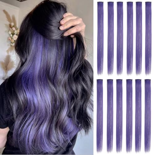 12pcs Clip in Rainbow Hair Extensions, 22 Inch 2 in 1 Hair Mixed Tinsels, Holiday Party Highlights(Grey Purple) - color: Grey Purple