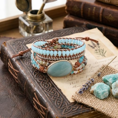 YGLINE Boho Handmade Wrap Leather Tube Crystal Stone Bracelet for Women - color: Amazonite 2