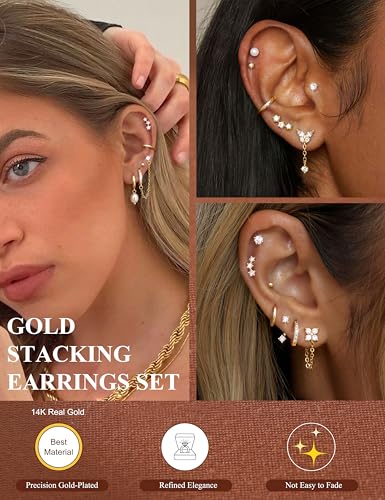 LOLIAS Hypoallergenic Flat Back Earrings Set for Women-Surgical Stainless Steel Earrings for Sensitive Ears-14K Gold Plated Chain Cartilage Earring Stacks Flatback Stud Hoop Earring Sets for Multiple Piercing Jewelry - color: Gold