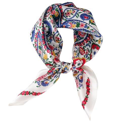MEISEE 100% Pure Mulberry Silk Scarf 21" Square Scarf Neckerchief Headscarf Breathable Lightweight for Women Gift Packed - color: M3 White Blue Red Cashew Floral
