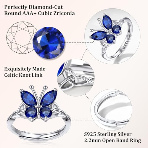 Bestyle 925 Sterling Silver Butterfly Ring Hypoallergnic Adjustable Birthstone Rings for Women Butterfly Jewelry Gifts for Anniversary Mothers' Day Birthday - color: 09.September (Sapphire)-TOP