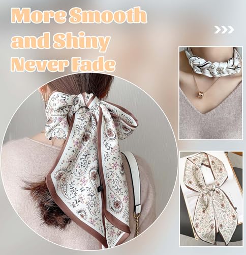 kcctoo 59” Long Silk Like Head Scarf Women's Fashion Square Neck Satin Scarfs for Bag Hair Scarves Gift 59 * 5.9” - color: D1 Coffee Flower Drop Shaped 59" X 5.9"