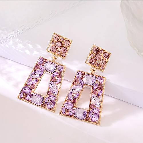 Rhinestone Rectangle Statement Earrings Colorful Crystal Geometric Drop Dangle Earrings for Women Prom Party - color: Purple