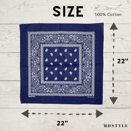 MDSTYLE 6 Pack 100% Cotton Bandanas 22” x 22" for Men & Women Paisley Handkerchief Headband Scarf Bandana - color: Navy Blue X2, Grey X2, Black X2