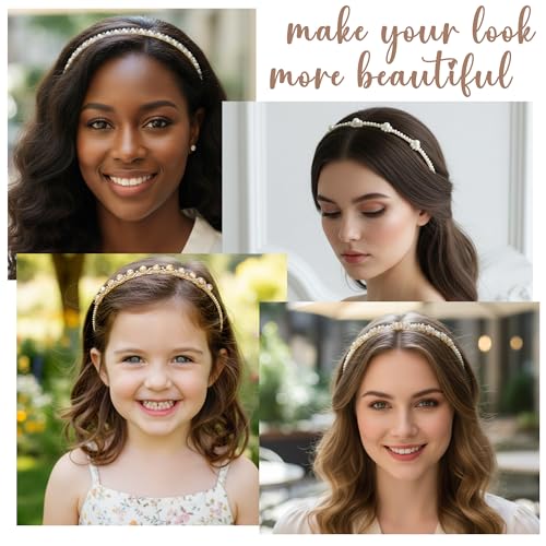 5 Pcs Pearl Headbands for Women, Thin Crystal Beaded Metal Hair Bands, Elegant Rhinestone Floral Hair Hoops, Vintage Bridal Wedding Hair Accessories Set for Girls - color: 5 Pcs Pearl