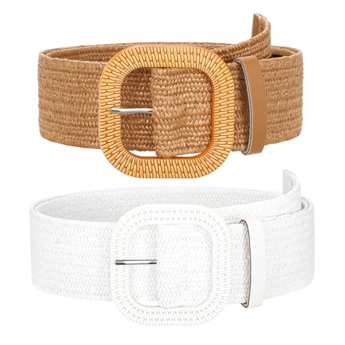 SUOSDEY 2 Pack Straw Woven Elastic Belt Braided Stretch Wide Boho Rattan Waist Belt for Women Dresses - color: 08-brown+white, size: Fit Waist up to 45''