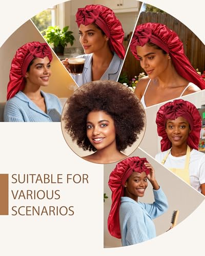 AWAYTR Long Satin Bonnet for Braids - Elastic Silk Hair Bonnets for Sleeping Night Cap Stretchy Tie Band for Women（Wine Red） - color: Wine Red