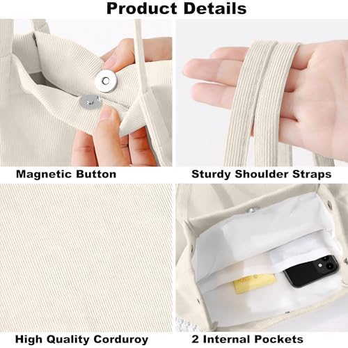 Corduroy Tote Bag for Women Small Canvas Shoulder Purse Cord Handy Bag with Inner Pocket | with Front Pocket - color: 02 Beige