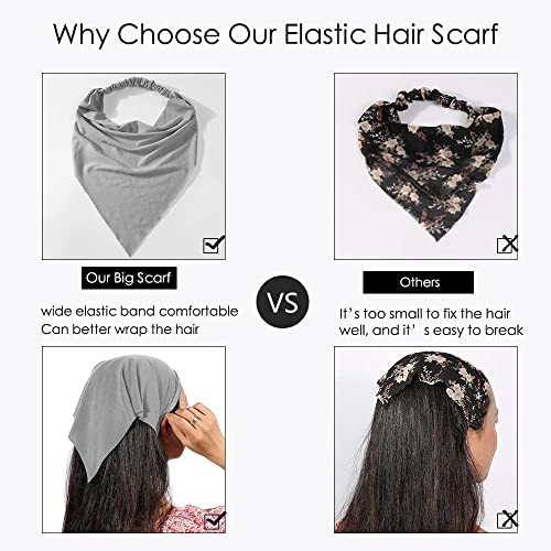 Vercret 6 Pack Hair Scarf Headband for Women Elastic Bandana Head Scarf Large Boho Triangle Kerchief with Clips Non Slip Scarves - color: F Pack Light Color