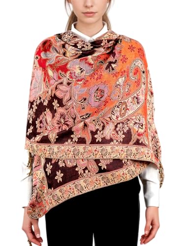Achillea Elegant Paisley Floral Pashmina Shawl and Wrap – Boho Rave Scarf for Festival, Travel & Everyday Wear - color: Burgundy Burnt Orange
