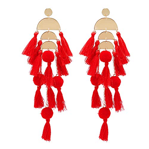 Long Tassel Earrings for Women Colorful Fringe Drop Dangle Earrings Bohemian Hawaiian Summer Beach Jewelry for Womens Vacation Outfits - color: Red