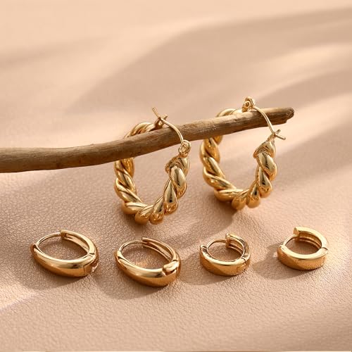 9 Pairs Small Gold/Silver Hoop Huggie Earrings Set for Women, 14K Gold Plated Chunky Hoop Small Earring Hypoallergenic Thick Open Lightweight Chunky Hoop Earrings Jewelry for Gifts - color: Gold-6 Pairs