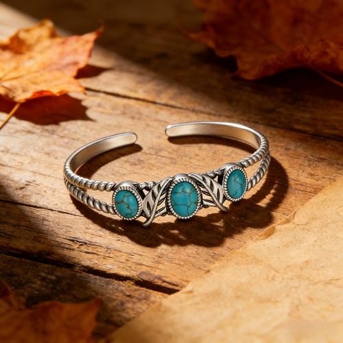 Genuine Turquoise Bracelet Cuff Bracelet for Women Mom 925 Sterling Silver Natural Turquoise Bangles Vintage Bracelet Boho Jewelry for Birthday Christmas Mother's Day Valentine's Day - style: Feather