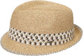 Funky Junque Straw Fedora Hats for Women - UPF 50+ Sun Hat, Short Brim Packable Beach Hat with Woven Pattern - color: Brown