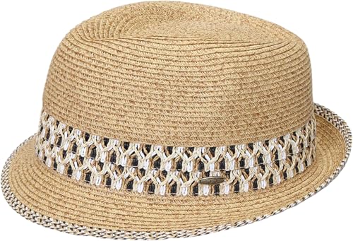 Funky Junque Straw Fedora Hats for Women - UPF 50+ Sun Hat, Short Brim Packable Beach Hat with Woven Pattern - color: Brown