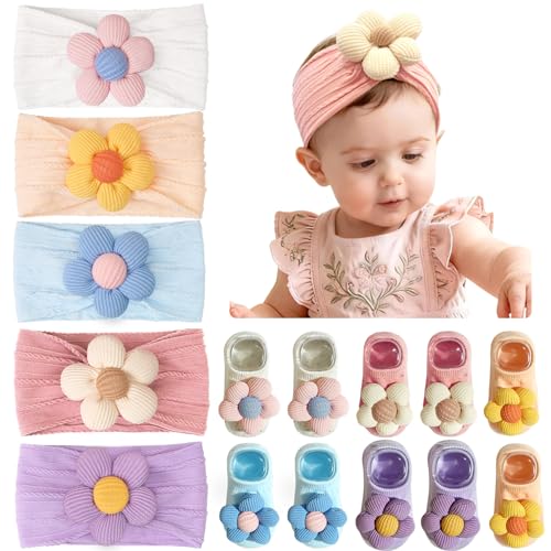 JOYOYO Baby Girl Headband and Socks Non-Slip Floral Socks and Soft Flower Head Wear for Babies Infants Toddlers - color: Flower/10pcs-B