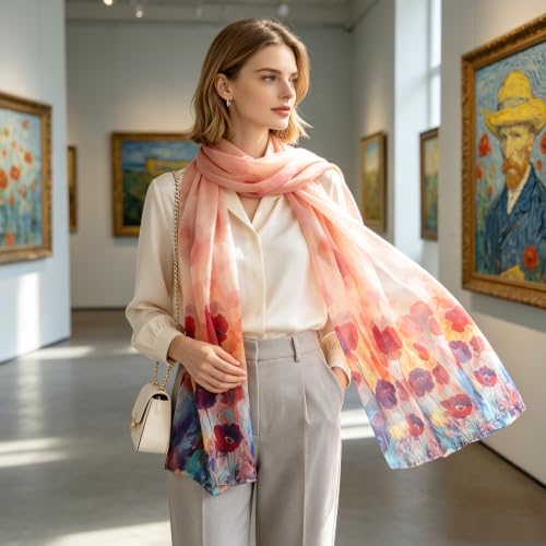 100% Mulberry Silk Women's Neck Silk Scarf-Lightweight Shawl,FLoral Print Beach Silk Wrap-Scarves for Photography - color: Red Poppy Floral
