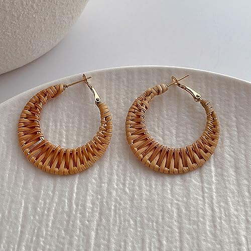 Lightweight Geometric Rattan Earrings for Women Handmade Braid Woven Raffia Straw Wicker Hoop Statement Earrings Summer Jewelry - color: big dark