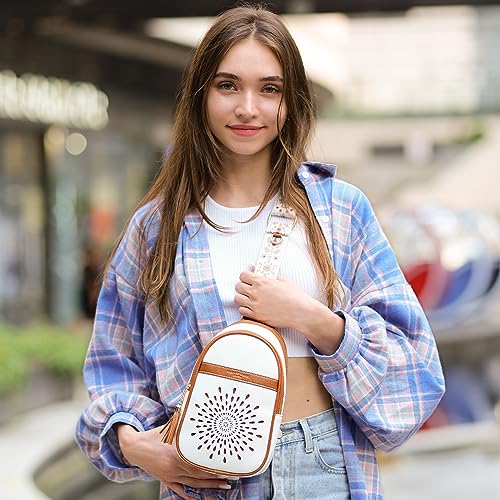 APHISON Small Sling Bag Fanny Packs Cell Phone Purse Vegan Leather Crossbody Bags for Women Chest Bag with Adjustable Strap White Brown - color: 01-white-brown
