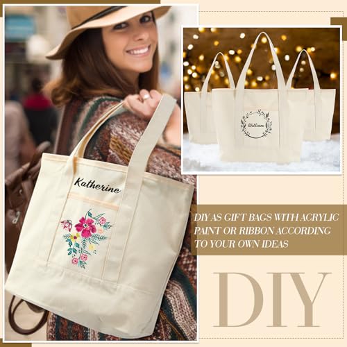 Reginary 16 Pcs Canvas Tote Bags Bulk with Outer Pocket 18 Inch Reusable Shopping Grocery Blank Tote Bag for Women Mother DIY (White) - color: Beige