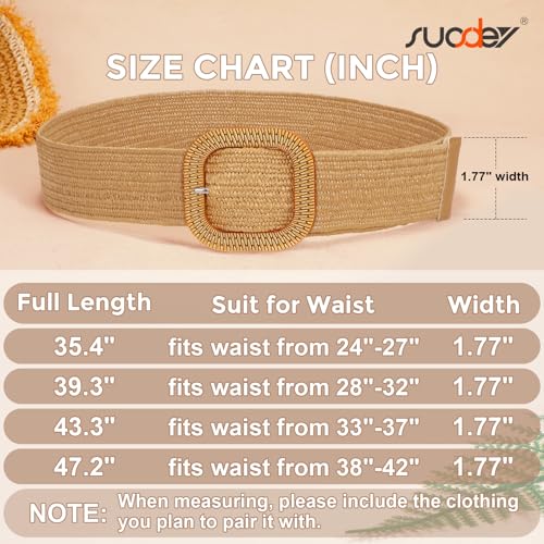 SUOSDEY Straw Woven stretchy Waist Belt for Women Dresses,Wide Boho Braided Elastic Belt with Round Buckle - color: 02-camel Square, size: Fits waist from 33"-37"