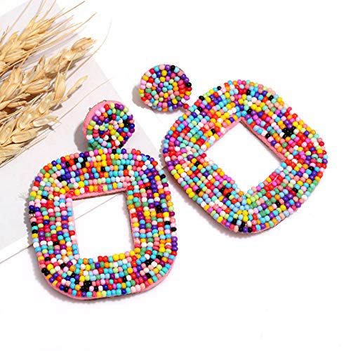 Beaded Drop Earrings Multicolored Seed Bead Earrings for Women Bohemia Statement Square Bead Hoop Dangle Earrings for Wedding Party Vacation - color: A Multicolored