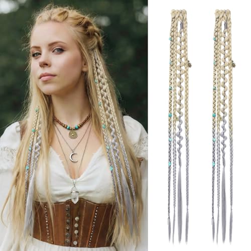REECHO Clip in Braid Hair Extensions for Women, 20" Boho Dreadlock Clip in Braids with Beads & Charms, 2PCS Handmade Synthetic Braided Hairpieces for Cosplay Daily Styling, Light Blonde to Grey - color: Light Blonde to Grey, size: 20 Inch