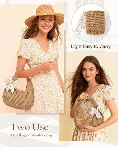 fauson Beach Bags for Women - Handmade Straw Clutch Purses for Women Handbag Zip Closure Tote Bag Lightweight - color: Handbag Brown Bag