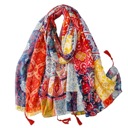 WaJuemy Travel Boho Scarf for Women Casual Lightweight Pashmina Scarves Fashion Multicolor Shawl Wraps with Fringed Beads - color: 01a Classic Boho