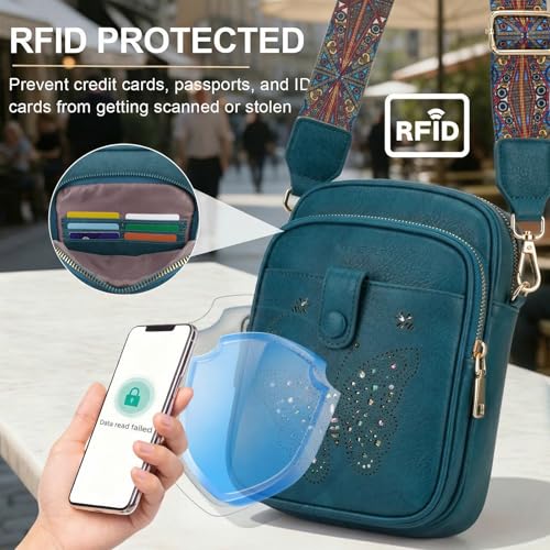 KITEVIUN Crossbody Bags for Women Leather Crossbody Purse Small Shoulder Phone Purse with Adjustable Strap & RFID Card Slots - color: 04-peacock Blue