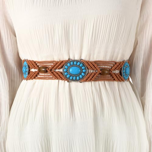 WHIPPY Boho Turquoise Belt for Women Wax Rope Braided Waist Belt Western Hand-Woven Bead Tassel Belts for Dress, 2” Wide - color: Brown