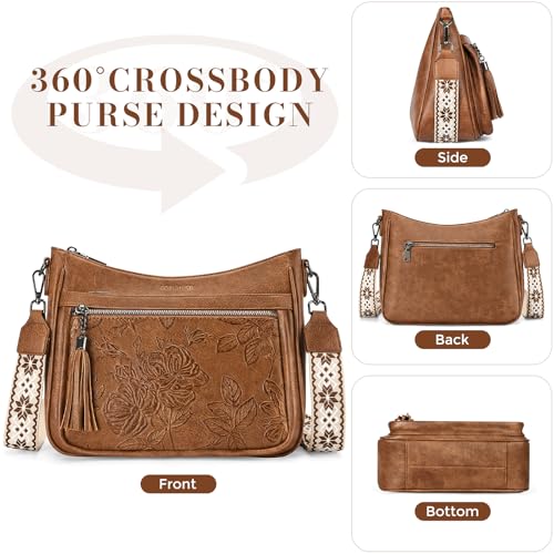 Crossbody Bags for Women, Vegan Leather Medium Crossbody Purse, Spacious Daily Travel Shoulder Bag with Boho Strap - color: Brown