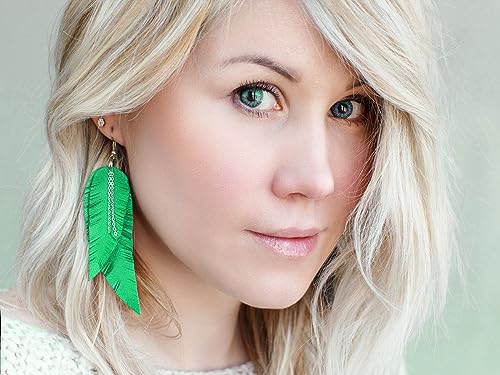 Black shiny Leather Feather Earrings for Women, Lightweight Minimal Boho Dangle Earrings, Small Simple Everyday Jewelry - color: green