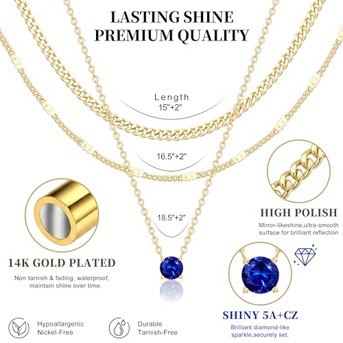 WomenGifts Layered Gold Necklaces for Women, 14K Gold Sterling Silver Plated Dainty Pendant Necklace Set Non Tarnish, Chunky Stackable Cuban Chain Choker, Trendy Birthstone Vacation Jewelry Gift - color: Gold, style: Cubic Zirconia-Created Sapphire-Sept