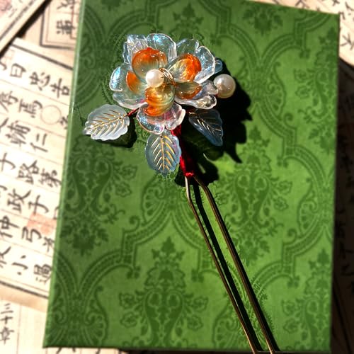 Rosa Orange with Leaves Hairpin Chinese Hanfu and Han Style Hair Retro Flower with Metal Handmade Hair Clip Hair Accessories for Women Girls Long Hair (Rosa Orange) - color: Rosa Orange