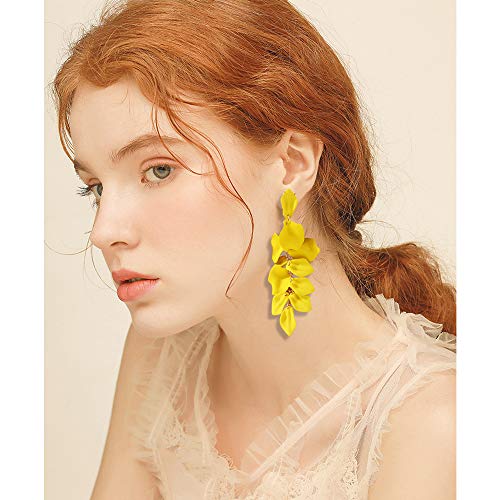 Long Acrylic Rose Petal Earrings Dangle Exaggerated Flower Earrings Drop Statement Floral Tassel Earrings for Women - color: Long Acrylic Rose Petal Earrings-Yellow