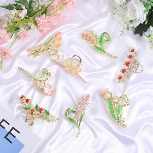 8 Pcs Metal Hair Claw Clips for Women - Large Strong Hold Floral Design Non-Slip Zinc Alloy Barrettes Clamps Accessories for Long Thick Thin Curly Hair Styling Essentials
