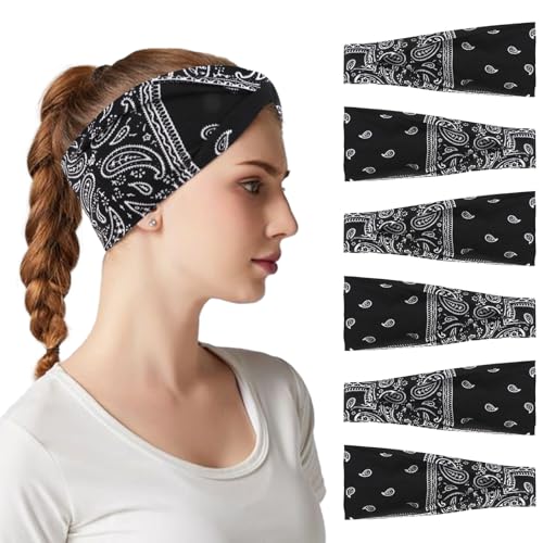 YARIEW 6Pcs Headbands Paisley Bandanas Head Bands Sweat Band Hair Wrap Headwrap Fashion Boho Wide Thick Workout Yoga Elastic Headbands Mens Cooling Running Sports Headband Sweatbands for Women and Men - color: Multi-colored-6