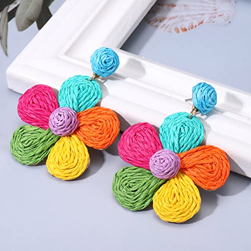 Rattan Earrings for Women Statement Boho Raffia Straw Wrapped Flower Drop Dangle Earrings Summer Tropical Beach Jewelry - color: Colorful