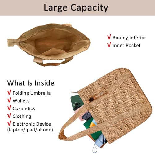 Large Straw Beach Tote Bags For Women Woven Boho Handmade Shoulder Handbags for Summer Vacation Travel with Tassels - color: Khaki