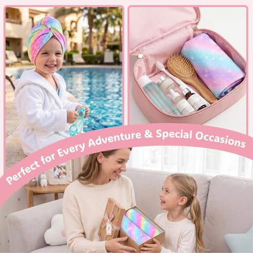 Basumee Microfiber Hair Towel Wrap for Kids 2 Pack Rapid Drying Hair Towel with Button Hair Turbans for Wet Hair Wraps Head Towel Wrap for Women and Girls, Rainbow - color: Rainbow