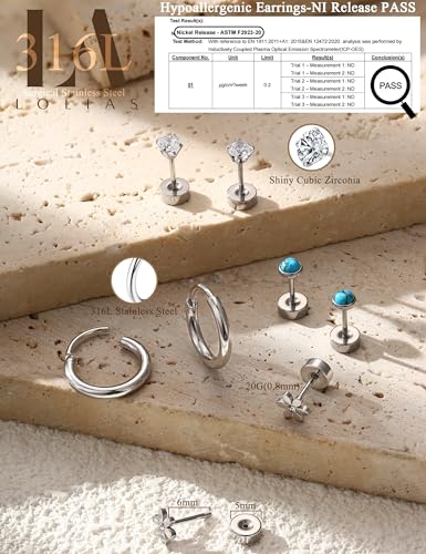 LOLIAS 21Pairs Surgical Steel Flat Back Earrings Hypoallergenic 20G Screw Back Nap Stack Cartilage Earring Stacks - color: Silver