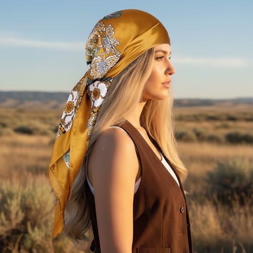 Pistha Head Scarf Bandana for Women, Satin Scarf for Hair, Large Square Silk Bandana Headscarf for Women and Men 35 Inch - style: Classic-gold
