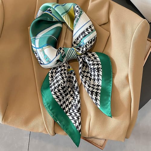 CHUNG Women's Scarf Hair Bandanas Square 27.5" Satin Wrap Fashion Pattern Scarves Emulation Silk Handbag Ribbons Necktie - color: Green Stripe-71#
