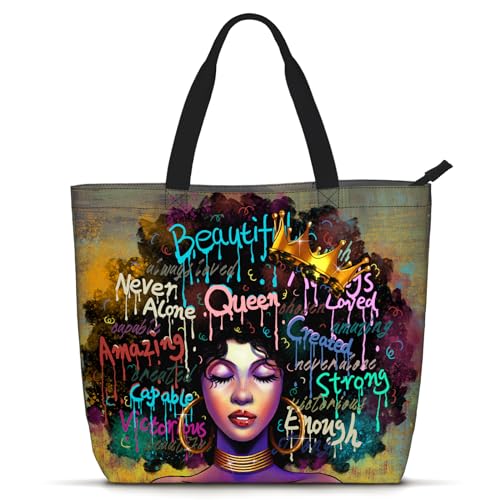 African American Women Tote Bag Black Shoulder Handbag For Women Fit Work Beach Labtops With Zip - color: Black Women 7