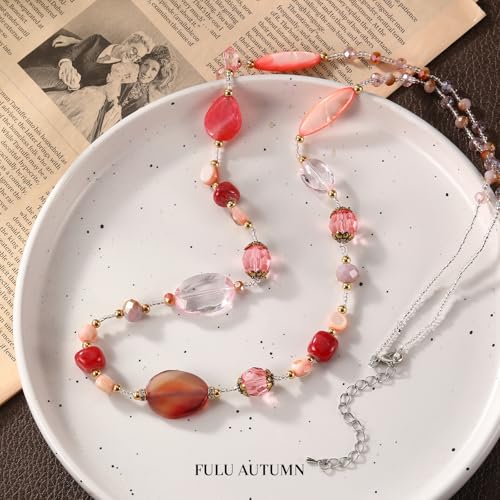 FULU AUTUMN Long Necklaces for Women Trendy Long Chunky Beaded Necklace Boho Fashion Costume Jewelry Mothers Day Gifts for Her - color: Pink