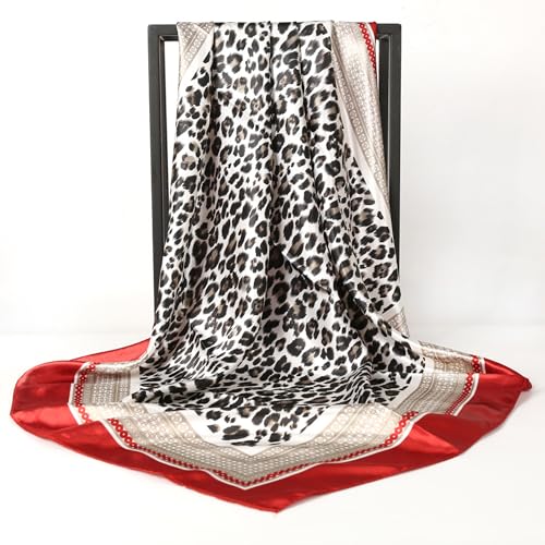 Leopard Print Head Scarf for Women Like Silk Satin Scarf for Hair Wrapping at Night Bandana Square Scarf 35 Inches - color: Red