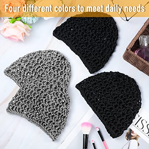 Geyoga 4 Pieces Mesh Crochet Hair Net Rayon Knit Snood Hat Thick Short Women Hairnet Snoods Cover Ornament for Sleeping (Black, Gray) - color: Black, Gray